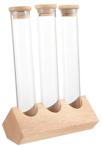 LABRIMP Expositor De Granos De Café Soporte De Madera Botellas De Vidrio Tubular Transparente Contenedor De Almacenamiento Sellado Adecuado Para Exhibir Café y Especias 3 Unidades