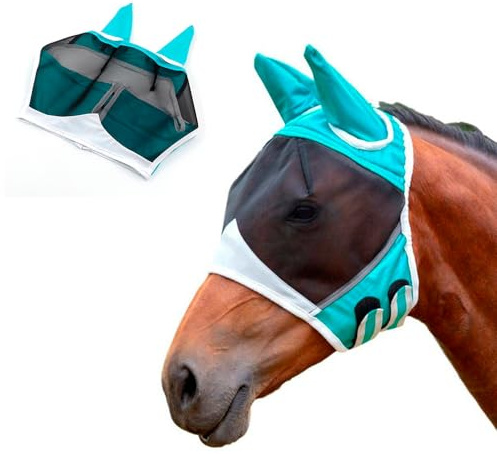 XFSRG Masque Anti Mouche Cheval en Polyester Respirant Protection Anti Mouche Cheval avec Oreilles en Maille Bonnet pour Équitation (Bleu, S)