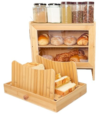 KHKJROS Brotkasten Holz mit Brotschneidebrett und 2 Etagen, Bambus Brotbox groß mit Brotschneidehilfe & Krümelfach – Brotkorb Holz zur Brotaufbewahrung – Bread Box Geschenk für Küche