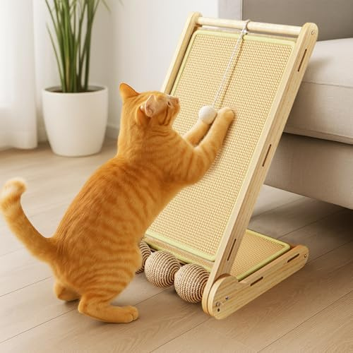 Cat Scratcher,60cm Shape Vertical Cat Scratcher,Solid Beech Wood & Sisal Pad Cats Scratching Post for Indoor, Protecting Furniture Scratch Pad,Cats Scratching with Ball Toy