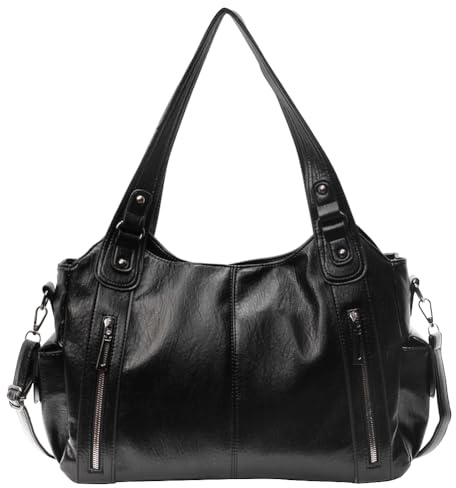 RuiDay Borsa vintage da donna, Borse a Spalla Pelle PU, Borsa a tracolla multitasche da donna, Borsetta Hobo Tot Vintage per lavorare, fare scuola, viaggiare (Nero)