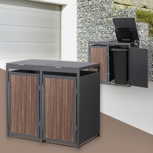 ML-Design sopkärlskåp för 2 soptunna 2 ton 240L 132x80x120cm antracitgrå träimitation väderbeständig stål sopbox med lock och dörr trädgårdsbox soptunneförvaring redskapsförvaring praktisk och hållbar