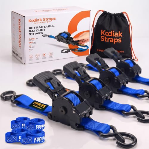 KODIAK STRAPS Cinghie di serraggio automatiche, 25 mm, 3 m, con gancio S, 800 kg, autoavvolgenti con cricchetto, cinghie di ancoraggio con cricchetto, per camion, moto, bicicletta, blu, 4 pezzi
