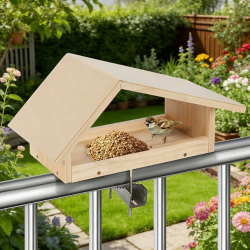 Vogelfutterhaus Balkon mit rostfreier Edelstahlhalterung, Wetterfestes Naturholz Futterspender Vogelhäuschen für Balkongeländer | Einfache Montage