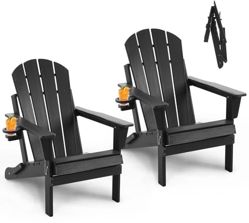 FurniSoar Adirondack Stuhl 2er Set Klappstuhl mit Getränkehalter, Wetterfest Gartenstuhl Patio Stühle, Gartensessel aus Kunststoff für Garten, Terrasse und Balkon, Schwarz 2pcs