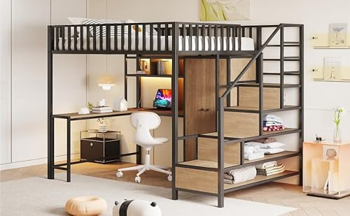 VIEKOS Cama alta de metal de 140 x 200 cm con escritorio, estantería, armario y cajones, con escalera de almacenamiento y barandilla de seguridad, con toma de carga e iluminación LED, color negro