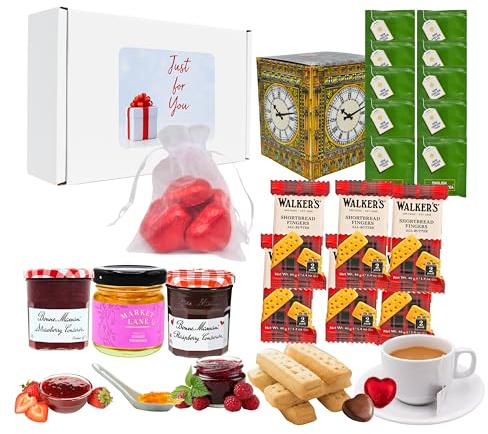 Afternoon Tea Hamper Gift Set – Includes Shortbread Biscuits Gift, Traditional Afternoon Tea Bags, Strawberry Jam, Raspberry Jam, Ginger Preserve And Chocolate Hearts – Mothers Day Birthday
