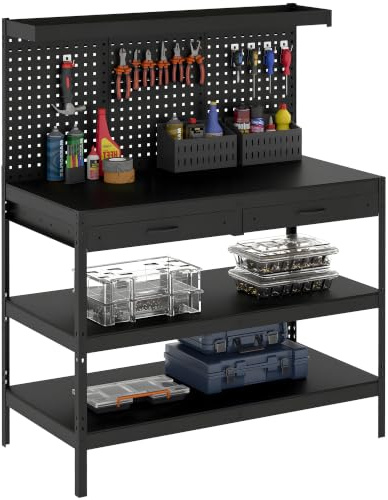 HOMCOM Établi d'Atelier Charge 272 kg Plan de Travail 122x61x156 cm Noir | Panneau Perforé, 2 Tiroirs, 2 Étagères Réglables, Cadre en Acier, pour Garage Atelier Entrepôt