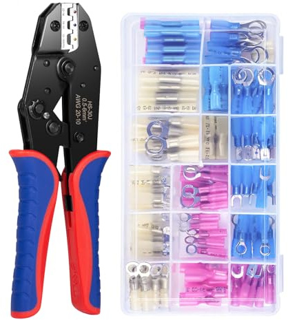 Pinza Crimpatrice per Connettori Termorestringenti AWG 22-10 con 120 Connettori a Testa Piatta Termorestringenti di Grado Marino in Rame Rosso Stagnato - Crimpatrice per Cavi Elettrici con Cricchetto