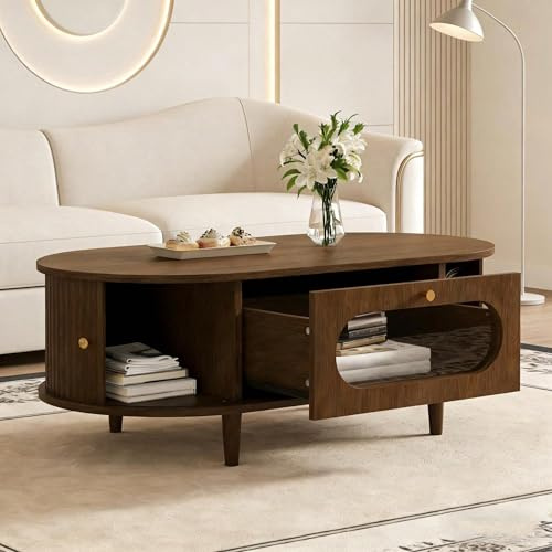 Sairedel Mesa baja para salón 100 × 50 × 36 cm, color nogal, sofá con puerta corredera, mesa auxiliar, mesa de centro con 4 patas de soporte,