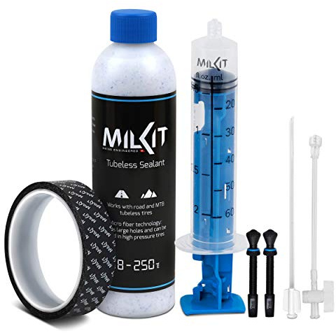 milKit Tubeless Tire Conversion Kit - Bike Tubeless Setup Kit - Sealant Bottle - Sealant Injector - Rim Tape - Valves Pack - Presta Valve Core Removal Tool (45-21)
