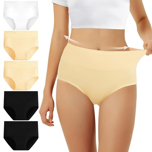 FALARY Bauchweg Unterhose Damen Unterhosen Unterwäsche Baumwolle 5er Pack Slip Hohe Taille Unterhose Taillenslip Sportunterhosen für Damen L Schwarz Hautfarben Weiß