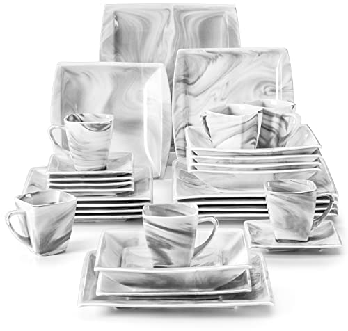 MALACASA 30-Piece Square Porcelain Dinner Set for 6 – Marble Grey Plates & Bowls Set with Dinner/Dessert/Soup Plates, Cups & Saucers | Dishwasher & Microwave Safe, Blance Series