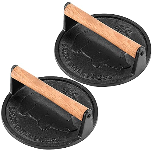 HEIHAK 2 Pack 7 Inch Black Cast Iron Grill Press, Round Heavy Weight Bacon Press with Wooden Handle, Steak Weights for Grill Burgers Bacon Bread