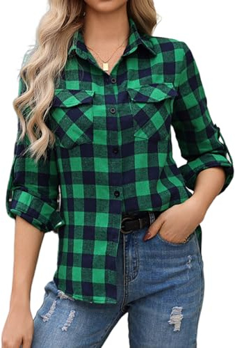 Dam, bomull, skjorta, rutig, rutig, skjorta, långärmad, knäppning, v-ringad, rutig skjorta, blus, tunika, toppar, lång skjorta, skjorta t-shirt med justerbara ärmar, ledig, fritid, sommar, blusskjorta, Grön, XL