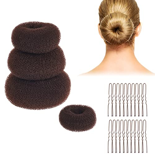 DBOO 4-Piece Hair Doughnut Bun Maker Set - Brown Rings with 20pcs Brown Hair Pins Ballet Bun Kit