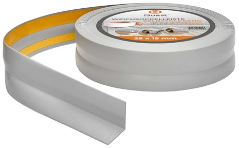 Quest Weichsockelleiste Selbstklebend - 25 mm x 15 mm - Knickleiste, Abschlussleiste für Küche, Badezimmer - Dichtungsband PVC, Flexibel, Wasserdicht, Dekorativ - 5 Meter, Grau