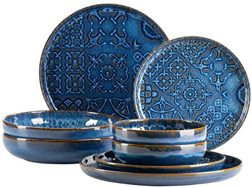 MÄSER 934063 Serie Tiles Modernes Vintage Geschirr Set für 2 Personen in maurischem Design, 8-teiliges Tafelservice mit Tellern und Schalen aus hochwertiger Keramik, Steinzeug, Blau