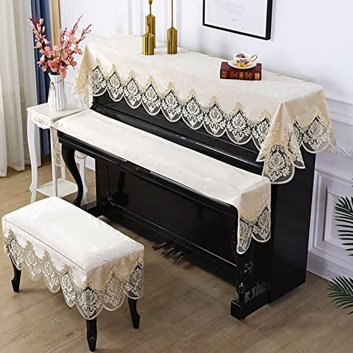 Klavierabdeckung, Klavierabdeckung, Simplicity, bestickter Staubschutz, Spitze, Klavierabdeckung, Stoff, E-Piano-Abdeckung, 3-teiliges Set (Color : Beige, Size : Piano+Single Stool Cover)