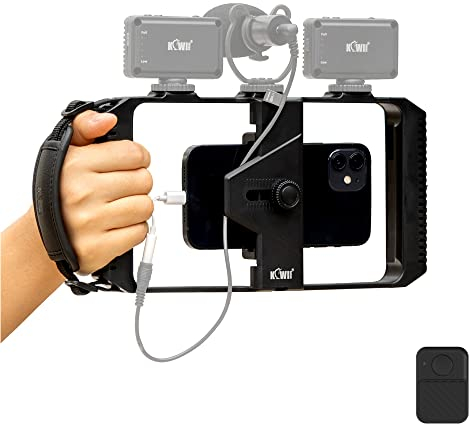 Smartphone Video Rig con Telecomando Wireless + Cinturino da Polso, Stabilizzatore Telefono per iPhone 13 12 Pro Max Andorid, Impugnatura Cage Video per Vlogging Filmmaking YouTube Tiktok Videomaker