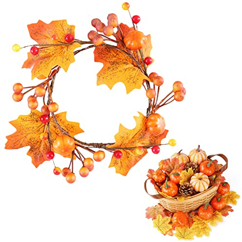 BAOSROY Couronne Automne,Couronne Automne Porte,Couronne Feuilles Automne,Couronne d'automne Artificielle,Feuille d'Erable Citrouille Baie Guirlande pour Automne Halloween Thanksgiving Décoration