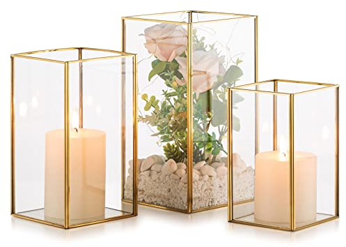 NUPTIO Windlicht Glas Laterne Deko: Gold Kerzenständer Metall Set von 3 Groß Kerzenhalter Hochzeit Tischdeko Stumpenkerzen Dekorative Laternen Set Draußen Weihnachten Wohnzimmer Tischplatte