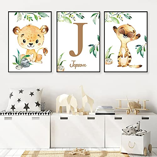 Youihom 3 Babyzimmer Bilder mit Namen Waldtiere Poster Kinder Löwe Elefant Koala 30 x 40 cm Wandposter Personalisiert Baby Wandbilder Dschungel Kinderzimmer Bilder Leinwand Geschenk ohne Rahmen