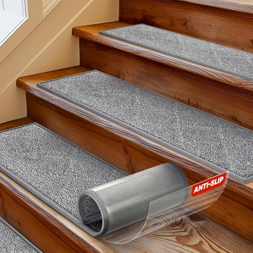 MBIGM 8 x 30 Carpet Stair Treads for Wooden Steps (15 in Pack) - Non-Slip Safety Rug with Soft Plush Comfort - Skid Resistant Indoor Runner for Kids, Elders, and Pets - Light Gray