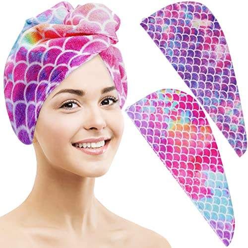 Aosmeol Hårturban mikrofiber, 2 stycken turban handduk med knapp, absorberande hårturban handduk, snabbtorkande handduk hår hårhandduk huvudhandduk för kvinnor flickor alla hårtyper, sjöjungfru