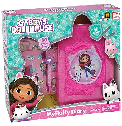 Cefa Toys - Aktivitätstagebuch, Puppenhaus von Gabby, Plüschtagebuch rosa mit 80 Seiten, inklusive 3 Stickern und Stift, kein Vorhängeschloss, geeignet für Kinder ab 6 Jahren