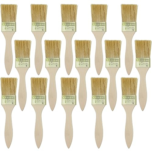 NAMYEUT Lot de 15 pinceaux plats de 3,6 cm - Manche en bois - Pinceaux à lasure de qualité supérieure - Pour le bricolage, la peinture murale, la peinture de meubles, la peinture