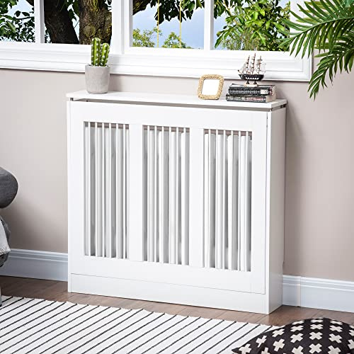 HOMCOM Cache-radiateur à Lattes avec Anti-basculement 90x18x84cm Blanc | Cache-radiateur moderne, pour salon, couloir, bureau, en MDF et acier.