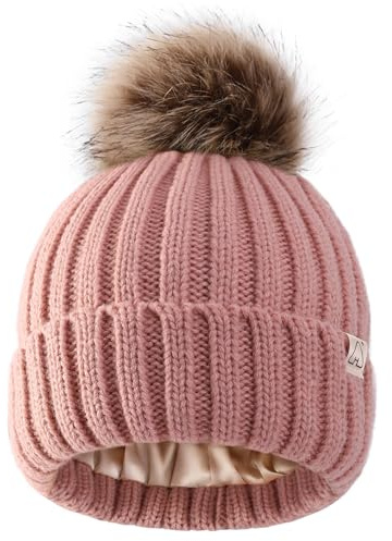 Hat Hut Toddler Beanie Satin Lined Beanie for Baby Winter Hats for Kids Bobble Hat Pom Pom Hat for Boys Girls (A3-Pink)