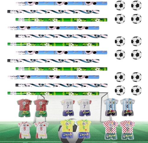 RYAN 12 Stück Bleistift mit Radiergummi und 12 Stück Fussball Mitgebsel Jungen Radiergummi und 12 Pinball Game Football Playing Field Bleistifte Kinder für Schule Schreibwaren Gastgeschenke
