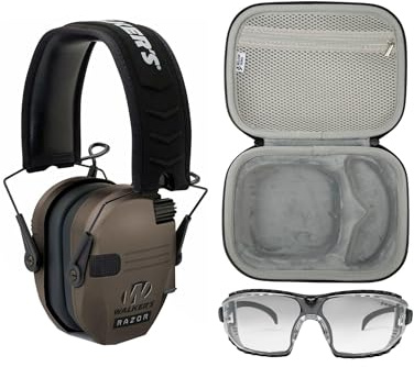 Walkers Razor Slim Electronic Hearing Protection Muff with Noise Reduction (Flat Dark Earth) Bundle with Safety Glasses Case, and Protection Glasses (3 Items)