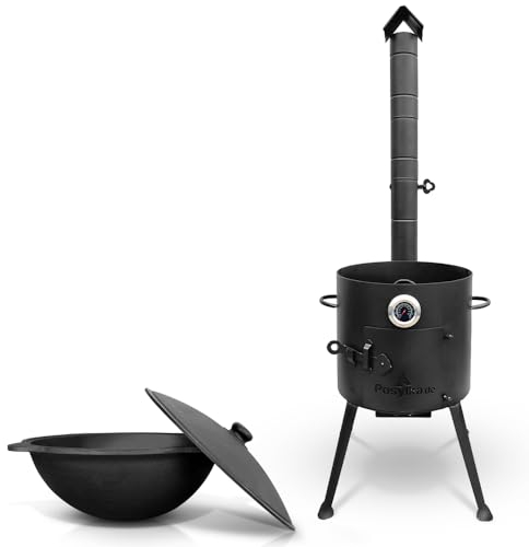 Utschak - Hornillo de fuego de 36 cm de diámetro, 2 mm, acero con kazan uzbeko de 10 l, termómetro, cuchara de espuma para Plov 48 cm, cucharón para Plov 48 cm, kazan Учаг Uchag казан Kazan Oven учак