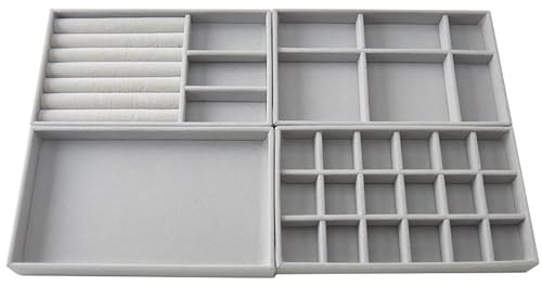 xutong 4 Pcs Organizador De Joyas,Organizador de Joyas Para Cajones, bandejas apilables para joyas,Bandeja Para Guardar y Exhibir Aretes, Collares,Anillos, pulseras (Gris)