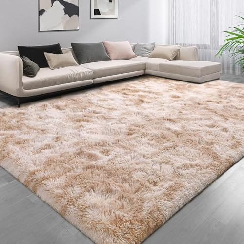 Aspire Homeware Grand tapis moderne à poils longs pour salon - 160 x 230 cm - Tie-dye beige - Tapis moderne en peluche super doux - Teinture sur nœuds