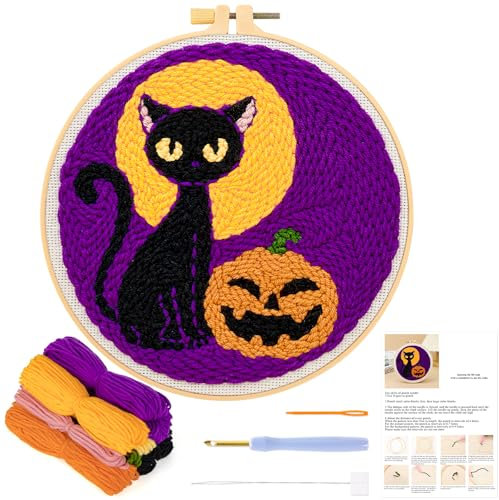 JSRQT Punch Needle Embroidery Starter Kits for Adults Beginners,Halloween DIY Handcraft Embroidery Starter Kits,Rug Hooking Beginner Kit with Black Cat Pumpkin Pattern