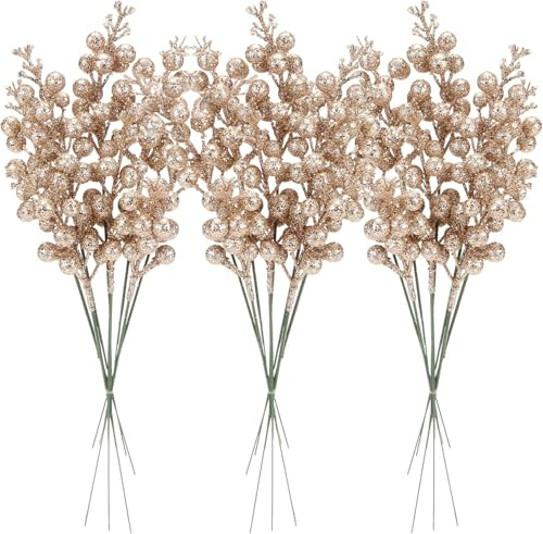 Sea Team Confezione da 24 rami di bacche di agrifoglio, bastoncini di frutta decorativi, steli lucidi, picchetti per albero di Natale, piccoli vasi, vacanze, matrimoni, feste, 11 pollici. Champagne