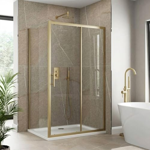 Luxura® 1200 x 700mm Sliding Shower Enclosure Door Screen for Wet Room Cubicle Enclosures, 6mm Toughened Safety Glass, Framed, Reversible, Brushed Brass