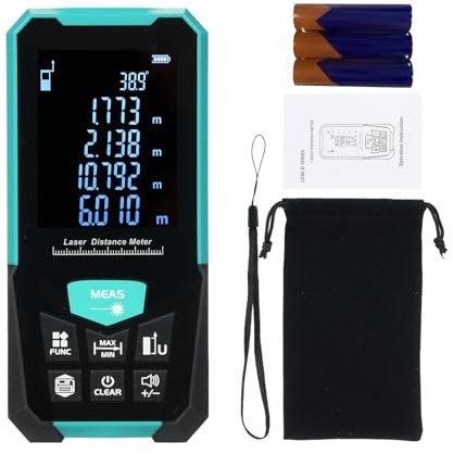 Laser Entfernungsmesser Geevorks 120M Lasermessgerät, ±2mm Genauigkeit, Hintergrundbeleuchtetes 2.4 LCD, Pythagoras/Abstand/Fläche/Volumen Messungen, IP54 mit 3*AAA-Batterie