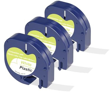 3 x Veson Kompatibel Etiketten für Dymo LetraTag 12mm x 4m Schriftband Plastic White für LT-100H LT-100T 200B XR XM, Schwarz auf Weiß 91221