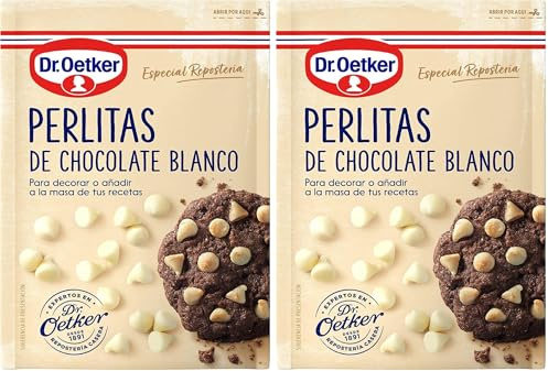 DR. OETKER - Perlitas de Chocolate Blanco 100 g, Pepitas de Chocolate para Repostería y Pastelería, Textura Crujiente, Bolsa Doypack con Cierre Zip (Paquete de 2)
