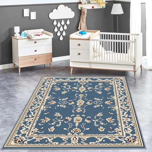 Teppich Retro-Blumenrand Waschbarer Teppich Wohnzimmer, Antibakteriell 160 x 230 cm Antirutschunterlage Küchenteppich für Schlafzimmer Esszimmer Blau Gold