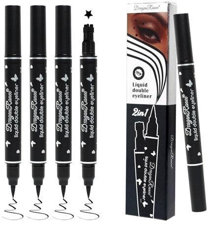 4 Pcs Doppelseitiger Flüssiger Eyeliner, Bleistift Eyeliner-Stempel Make-up | Schwarz wasserfest Augenstifte mit Filzapplikator und Motivstempel, Eye Liner Schablonen Augen Tattoo Tool
