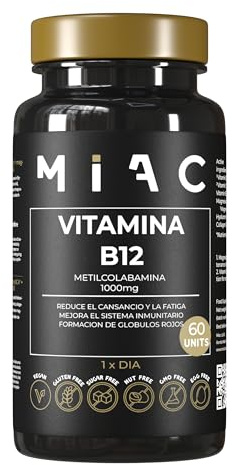 MIAC Vitamina B12. Metilcobalamina B12 60 Cápsulas. 1000 mcg. Vitaminas B12 para Combatir Cansancio y Fatiga. Complemento Alimenticio para el Sistema Inmune. Complejo B12 Plus Energía