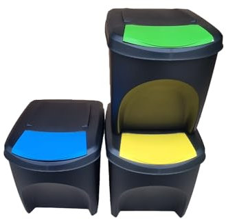 Stolmet Large Stackable Recycling Bins Set of 3x25L (Brand KrysGo) - Customizable Lids with Recycling Stickers - Waste Sorting for Home, Kitchen, Office (Black + Multi Coloured)