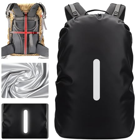 Lammcou Protección contra la Lluvia para Mochilas Escolares, Funda Impermeable Backpack Rain Cover con reflectores y Correas Cruzadas Antideslizantes para Camping & Ciclismo (Negro, M: 30-40L)