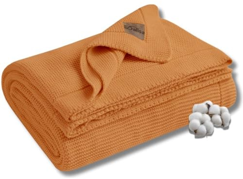 Dalisa Manta de punto de algodón orgánico con certificado GOTS, suave y acogedora, prelavada, perfecta para sofá, cama y decoración, lavable a máquina (oro azafrán, 203 x 228 cm)